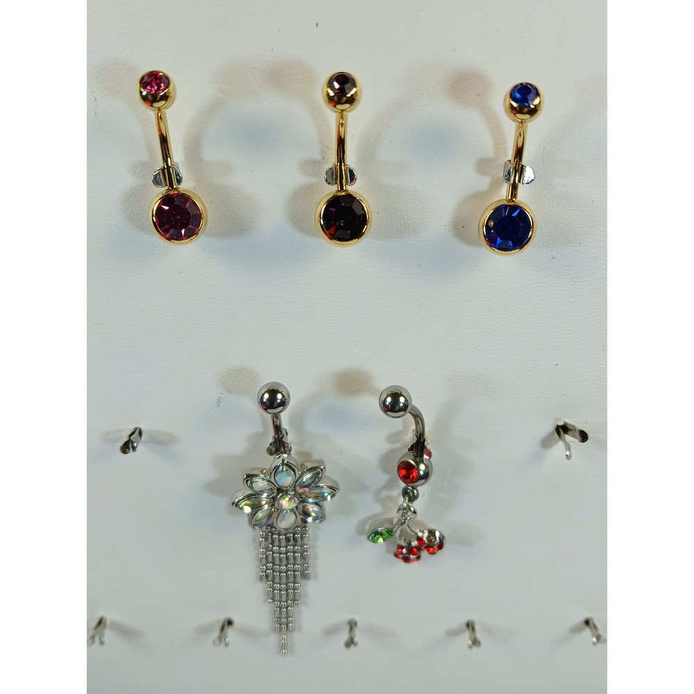 Set of 5 Navel Belly Button Rings Gold Silver Tone Floral Cherry Tassel Crystal - Picture 10 of 13